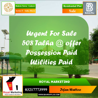 Residential Plot for Sale in Sector F - Talha Block -  Bahria Town, Lahore - (BP-161024)