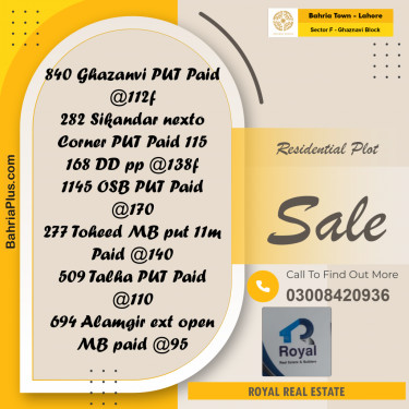 Residential Plot for Sale in Sector F - Ghaznavi Block -  Bahria Town, Lahore - (BP-161066)