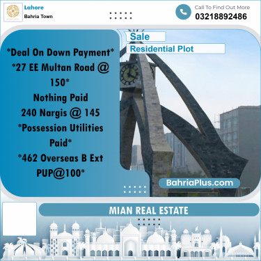 Residential Plot for Sale in Sector D - EE Multan Block -  Bahria Town, Lahore - (BP-161160)