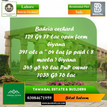 Residential Plot for Sale in Phase 4 - G4 Block -  Bahria Orchard, Lahore - (BP-161333)