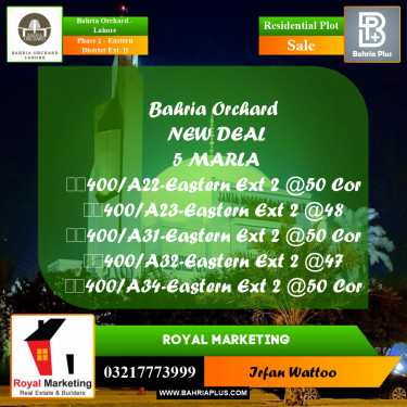 Residential Plot for Sale in Phase 1 - Eastern District Ext. II -  Bahria Orchard, Lahore - (BP-161460)