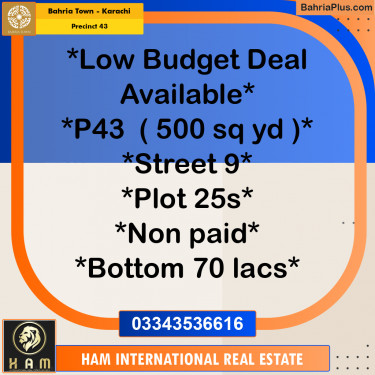 500 Sq. Yards Residential Plot for Sale in Precinct 43 -  Bahria Town, Karachi - (BP-161546)