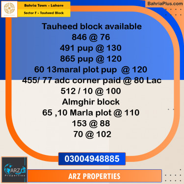 Residential Plot for Sale in Sector F - Tauheed Block -  Bahria Town, Lahore - (BP-162123)