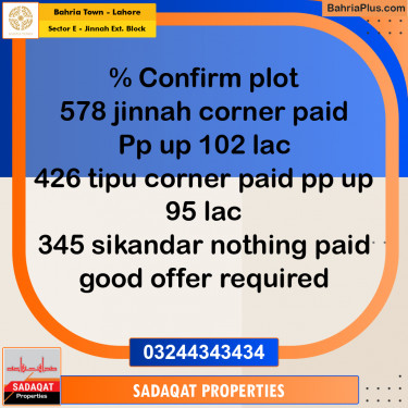 Residential Plot for Sale in Sector E - Jinnah Ext. Block -  Bahria Town, Lahore - (BP-162433)