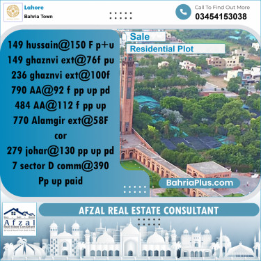 Residential Plot for Sale in Sector C - Nargis/Hussain Block -  Bahria Town, Lahore - (BP-162438)