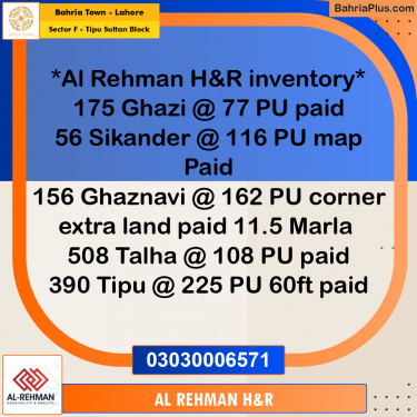 Residential Plot for Sale in Sector F - Tipu Sultan Block -  Bahria Town, Lahore - (BP-162682)