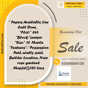 Residential Plot for Sale in Sector C - Janiper Block -  Bahria Town, Lahore - (BP-162968)