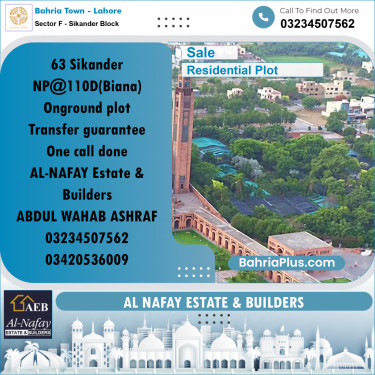 Residential Plot for Sale in Sector F - Sikander Block -  Bahria Town, Lahore - (BP-162986)