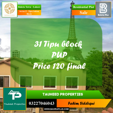 Residential Plot for Sale in Sector F - Tipu Sultan Block -  Bahria Town, Lahore - (BP-163103)