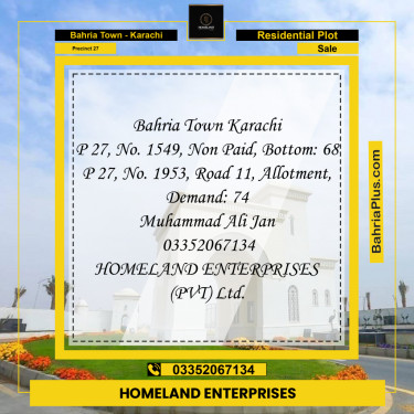 Residential Plot for Sale in Precinct 27 -  Bahria Town, Karachi - (BP-163559)