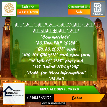 Commercial Plot for Sale in Sector F - Tipu Commercial -  Bahria Town, Lahore - (BP-163908)
