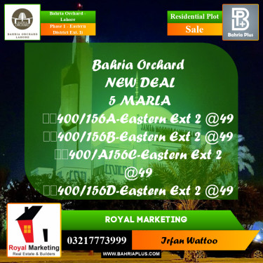 Residential Plot for Sale in Phase 1 - Eastern District Ext. II -  Bahria Orchard, Lahore - (BP-164330)