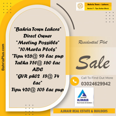 Residential Plot for Sale in Sector F - Tipu Sultan Block -  Bahria Town, Lahore - (BP-164496)
