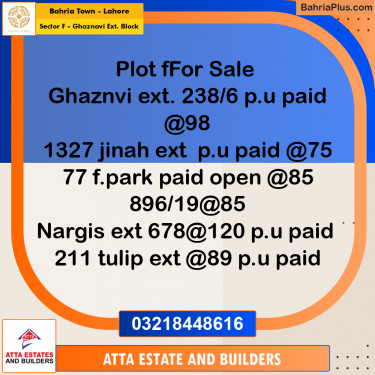 Residential Plot for Sale in Sector F - Ghaznavi Ext. Block -  Bahria Town, Lahore - (BP-164535)