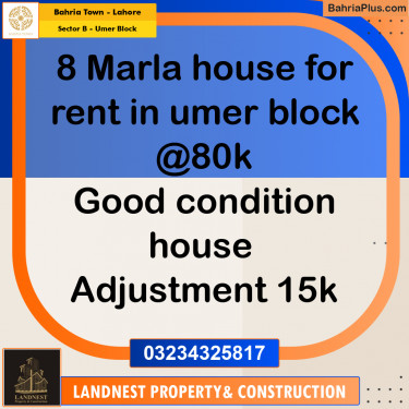 Residential House for Rent in Sector B - Umer Block -  Bahria Town, Lahore - (BP-164569)