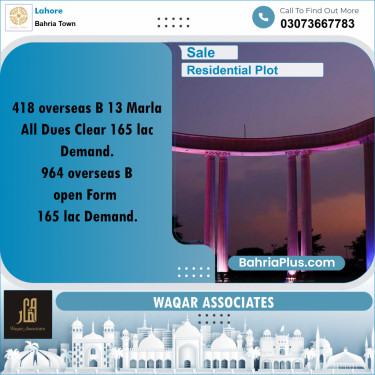 Residential Plot for Sale in Overseas B -  Bahria Town, Lahore - (BP-164651)