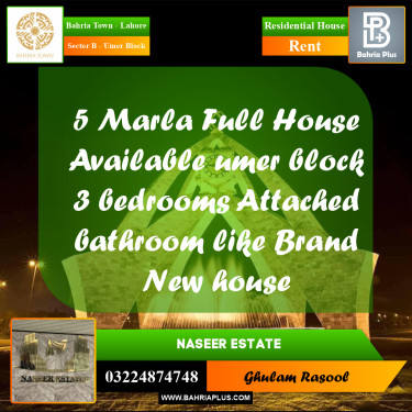 Residential House for Rent in Sector B - Umer Block -  Bahria Town, Lahore - (BP-164834)