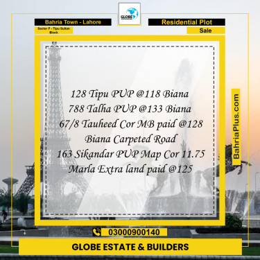 Residential Plot for Sale in Sector F - Tipu Sultan Block -  Bahria Town, Lahore - (BP-164852)