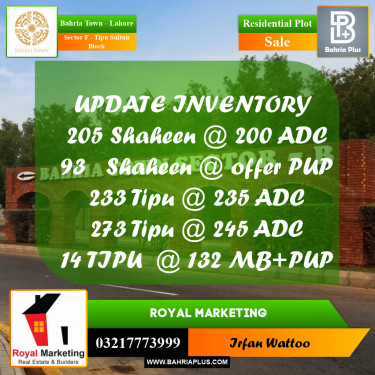 Residential Plot for Sale in Sector F - Tipu Sultan Block -  Bahria Town, Lahore - (BP-164869)
