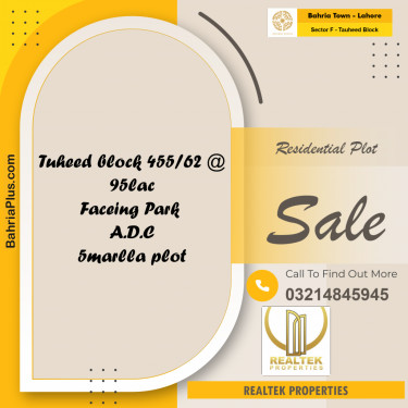 Residential Plot for Sale in Sector F - Tauheed Block -  Bahria Town, Lahore - (BP-164897)