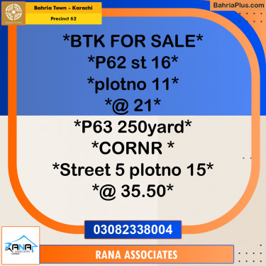 Residential Plot for Sale in Precinct 62 -  Bahria Town, Karachi - (BP-164978)