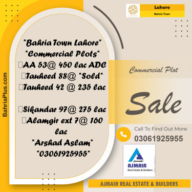 Commercial Plot for Sale in Sector D - AA Block -  Bahria Town, Lahore - (BP-165081)