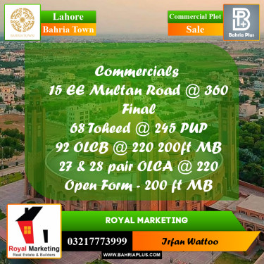 Commercial Plot for Sale in Sector D - EE Multan Block -  Bahria Town, Lahore - (BP-165224)