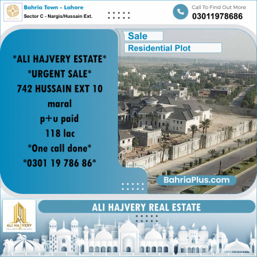 Residential Plot for Sale in Sector C - Nargis/Hussain Ext. -  Bahria Town, Lahore - (BP-165432)