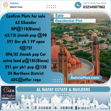 Residential Plot for Sale in Sector F - Sikander Block -  Bahria Town, Lahore - (BP-165437)