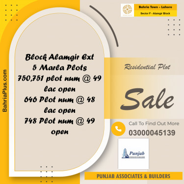 Residential Plot for Sale in Sector F - Alamgir Block -  Bahria Town, Lahore - (BP-165490)