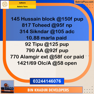 Residential Plot for Sale in Sector C - Nargis/Hussain Block -  Bahria Town, Lahore - (BP-165638)