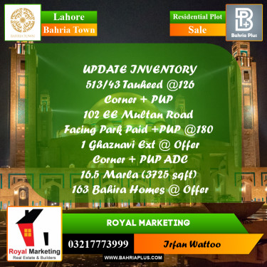 Residential Plot for Sale in Sector F - Tauheed Block -  Bahria Town, Lahore - (BP-165864)