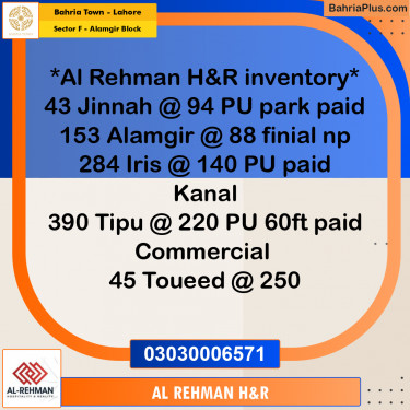 Residential Plot for Sale in Sector F - Alamgir Block -  Bahria Town, Lahore - (BP-165901)