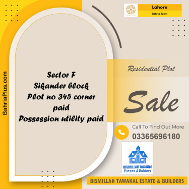 Residential Plot for Sale in Sector F - Sikander Block -  Bahria Town, Lahore - (BP-165984)