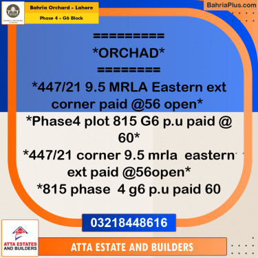 Residential Plot for Sale in Phase 4 - G6 Block -  Bahria Orchard, Lahore - (BP-166032)