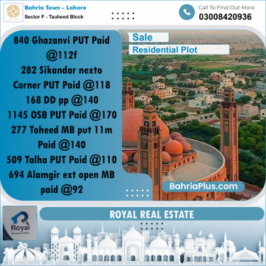 Residential Plot for Sale in Sector F - Tauheed Block -  Bahria Town, Lahore - (BP-166167)