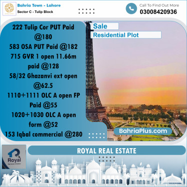 Residential Plot for Sale in Sector C - Tulip Block -  Bahria Town, Lahore - (BP-166170)