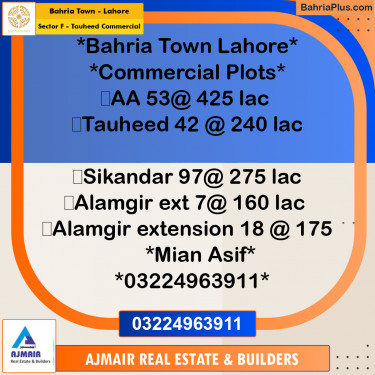 Commercial Plot for Sale in Sector F - Tauheed Commercial -  Bahria Town, Lahore - (BP-166207)