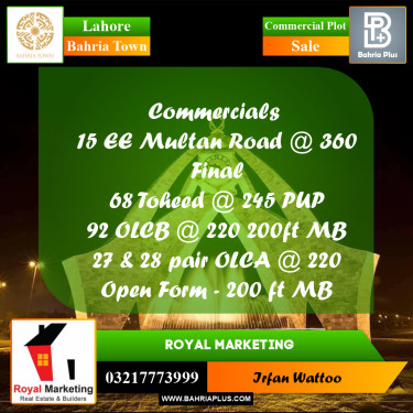 Commercial Plot for Sale in Sector D - EE Multan Block -  Bahria Town, Lahore - (BP-166283)