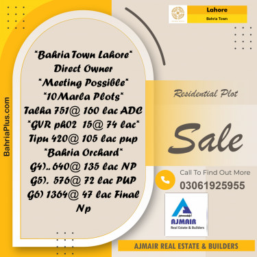Residential Plot for Sale in Sector F - Talha Block -  Bahria Town, Lahore - (BP-166694)