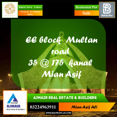 Residential Plot for Sale in Sector D - EE Multan Block -  Bahria Town, Lahore - (BP-167172)