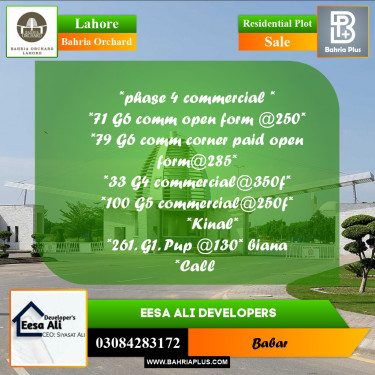 Residential Plot for Sale in Phase 4 - G6 Block -  Bahria Orchard, Lahore - (BP-167190)