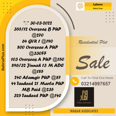 Residential Plot for Sale in Overseas B -  Bahria Town, Lahore - (BP-167519)