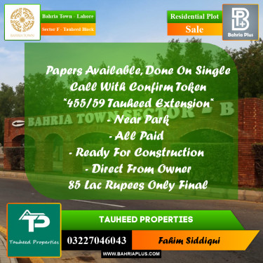 Residential Plot for Sale in Sector F - Tauheed Block -  Bahria Town, Lahore - (BP-167640)