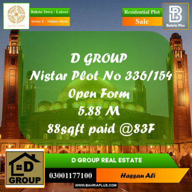 Residential Plot for Sale in Sector E - Nishtar Block -  Bahria Town, Lahore - (BP-168113)