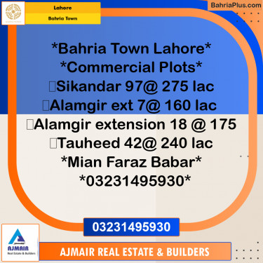Commercial Plot for Sale in Sector F - Sikander Block -  Bahria Town, Lahore - (BP-168233)
