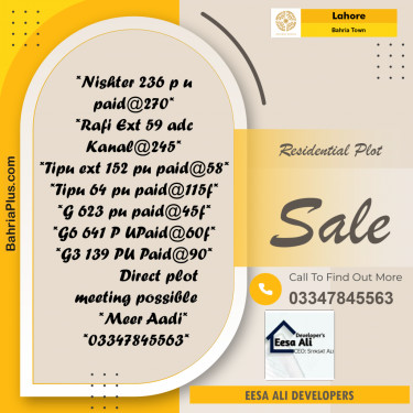 Residential Plot for Sale in Sector E - Nishtar Block -  Bahria Town, Lahore - (BP-168376)