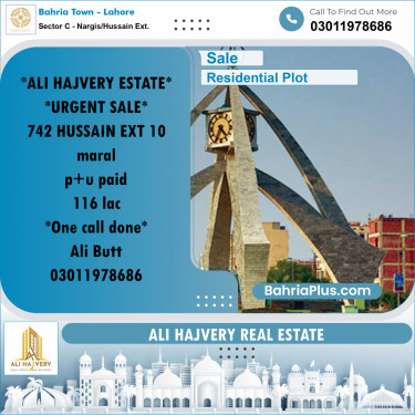Residential Plot for Sale in Sector C - Nargis/Hussain Ext. -  Bahria Town, Lahore - (BP-168611)
