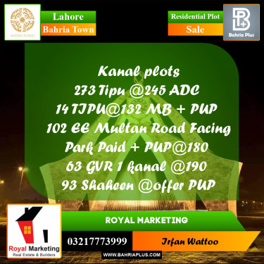 Residential Plot for Sale in Sector F - Tipu Sultan Block -  Bahria Town, Lahore - (BP-168793)