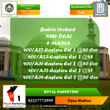 Residential Plot for Sale in Phase 1 - Eastern District Ext. II -  Bahria Orchard, Lahore - (BP-168795)